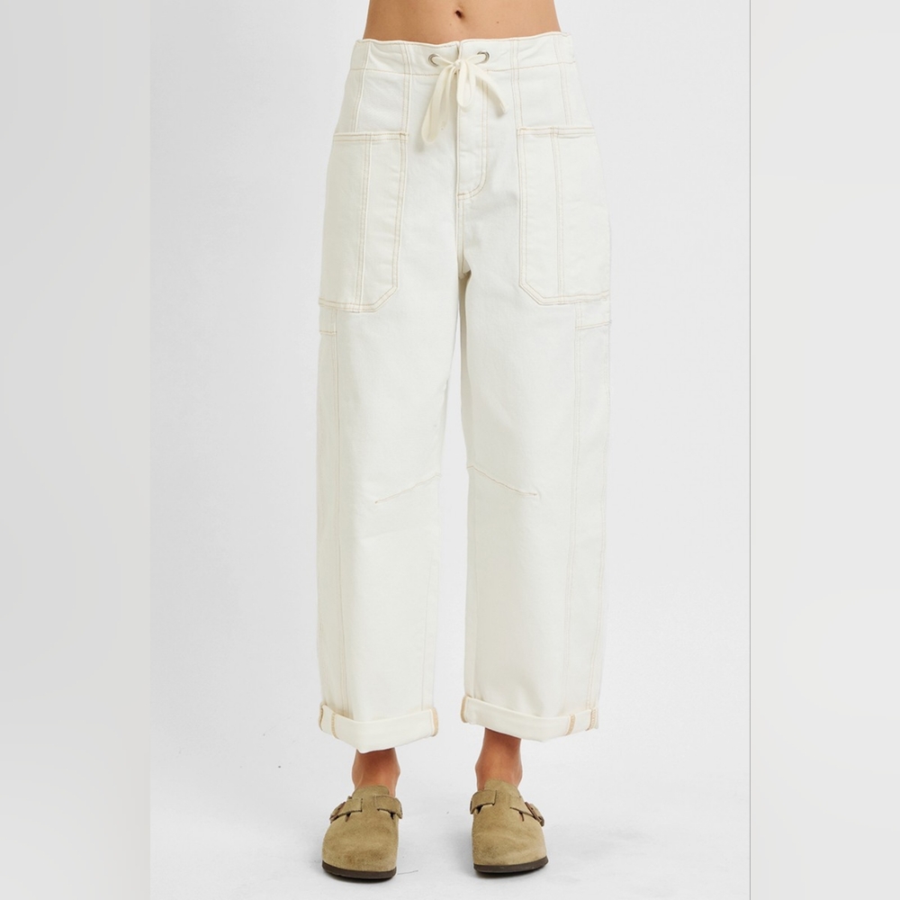 E33 Risen Denim Barrel Leg Drawstring Waist Jean